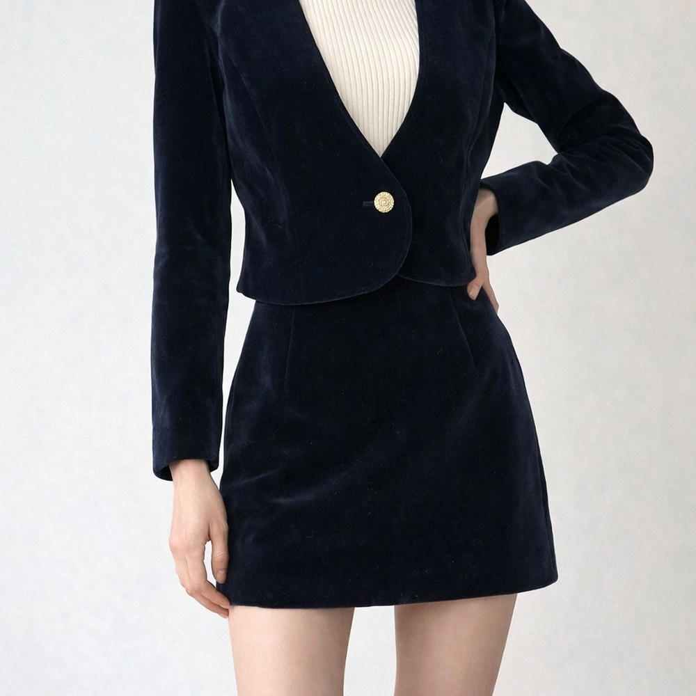 DESIGNER TRACY COUTURE Tailored Velvet Navy SKIRT with Cropped Blazer
